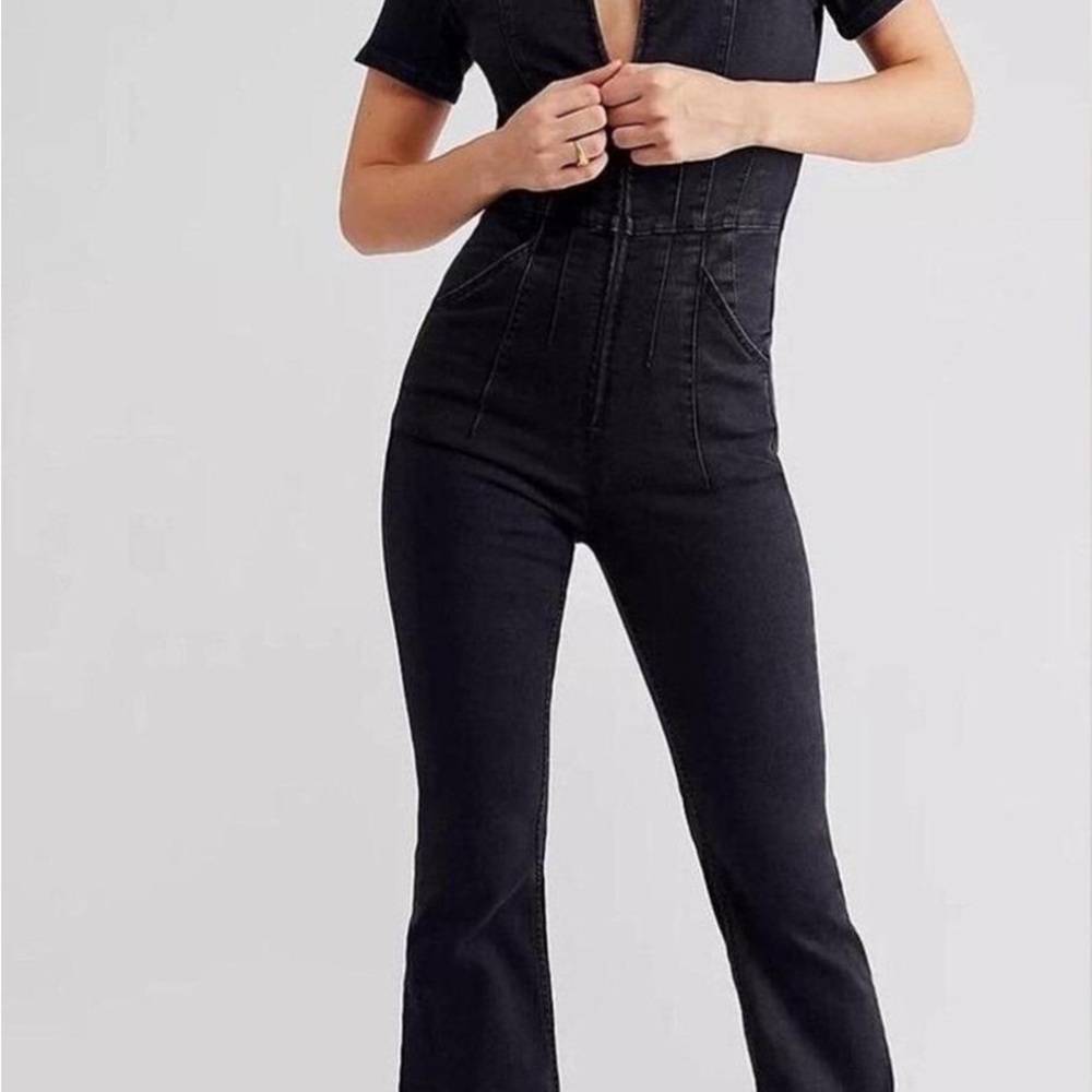 Free People Jayde Flare Black Denim Jumpsuit